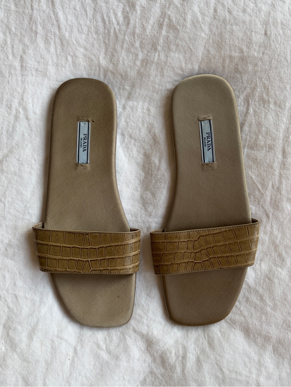 Vintage Prada Croc Crocodile Leather Strap Satin Slide Sandals Olive Green Beige